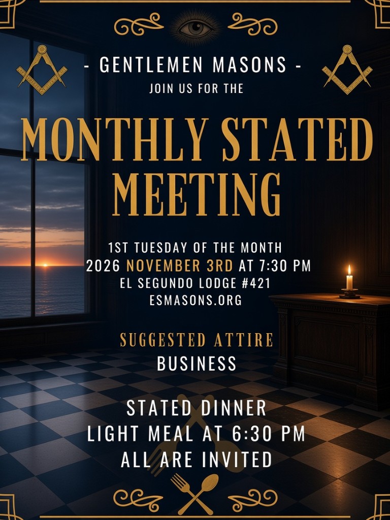 Monthly stated meeting poster for El Segundo Lodge 421, November 3, 2026